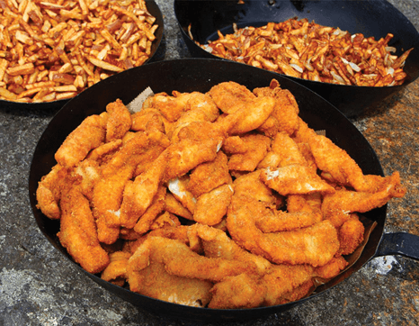 fried-fish-in-pan-horizontal delicious shore lunch Budd's Gunisao Lake Lodge Manitoba, Canada