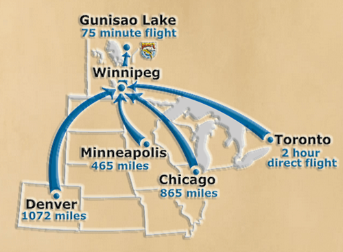 US-CA-map Getting to Budd's Gunisao Lake Lodge in Manitoba Canada for A Trophy Walleye and Northern Pike fishing trip is easy